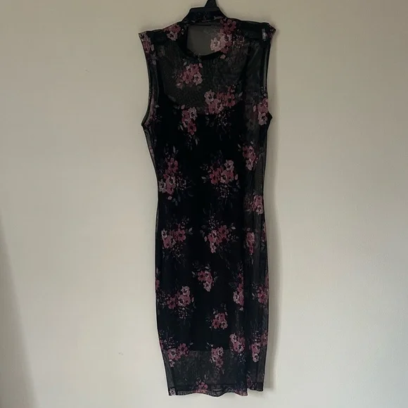 Charlotte Russe Black Mesh Midi Dress with Pink Floral Print - Picture 2 of 8